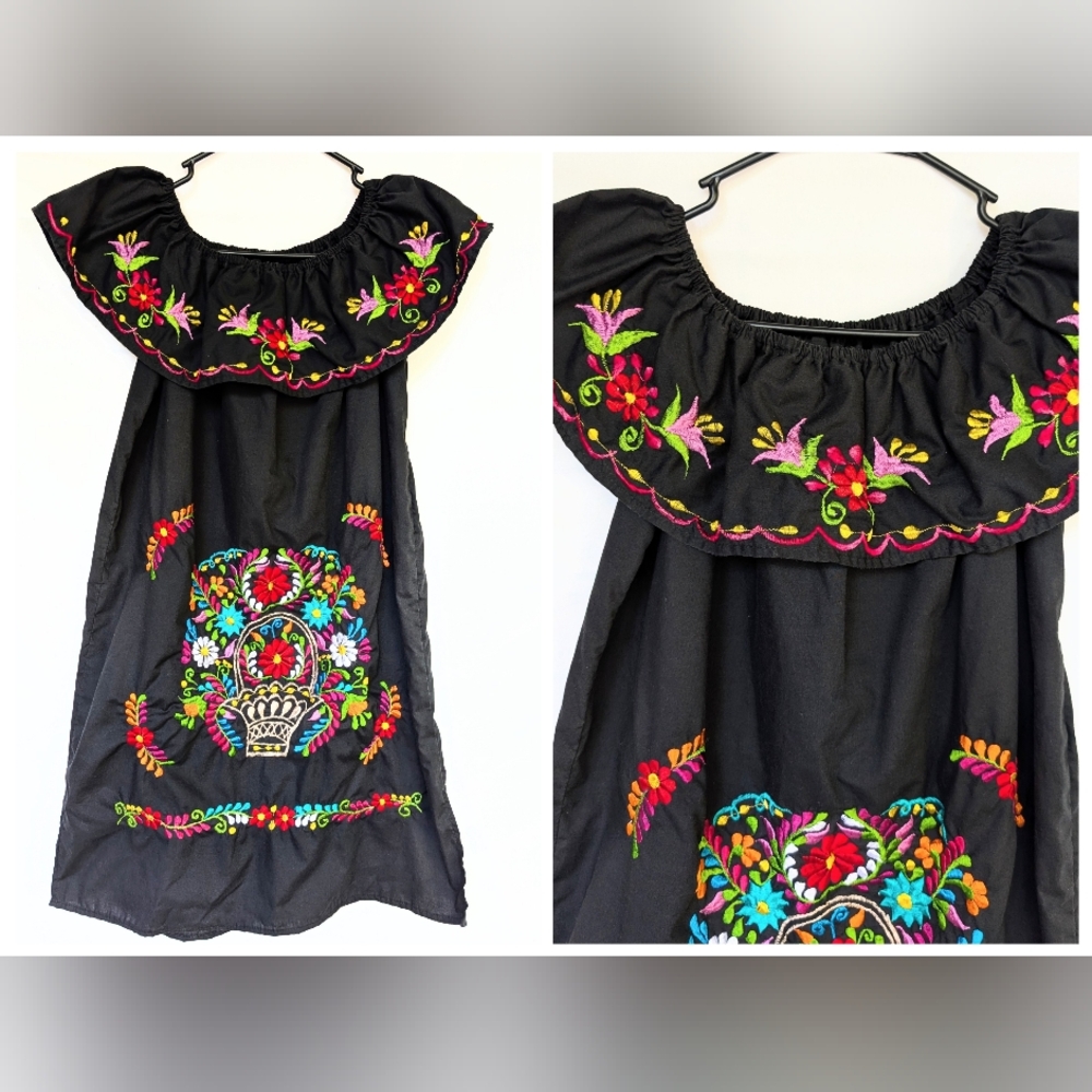Vtg Embroidered Off The Shoulder Traditional Mexican Peasant Dress Size L